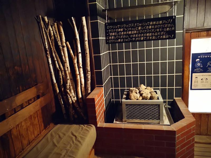 森のスパリゾート 北海道ホテル 壁には白樺の切り株や枝、サウナストーンには清水町の麦飯石を使用。