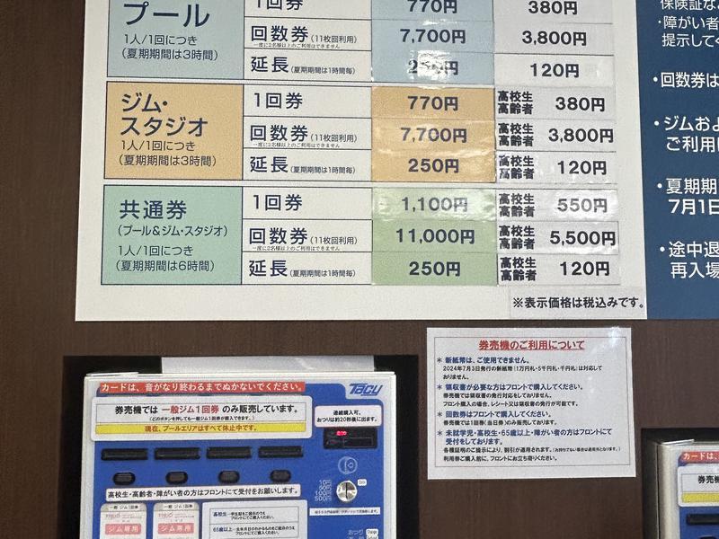 古橋廣之進記念浜松市総合水泳場 ToBiO 利用料金表と券売機