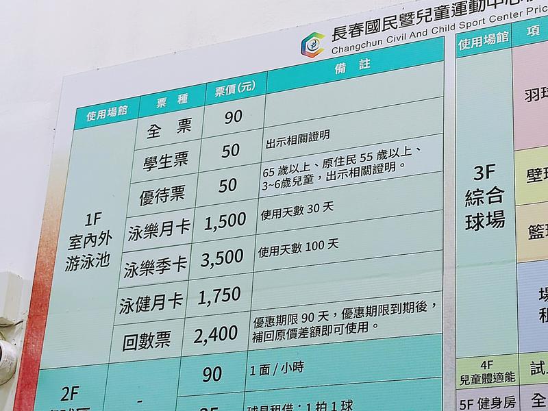 長春国民曁児童運動中心(台中市) 料金表