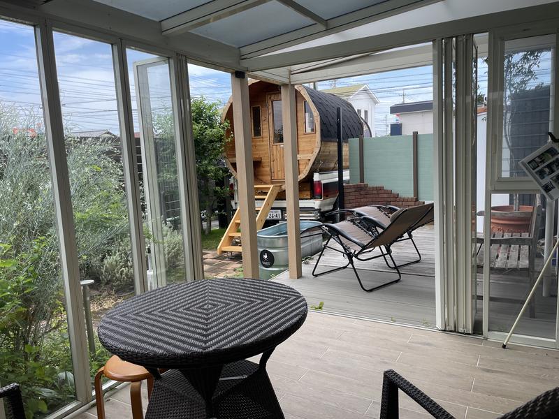 ピースフルガーデン 中田店 サウニア バレルサウナ展示場 寒い日は内気浴も可能です