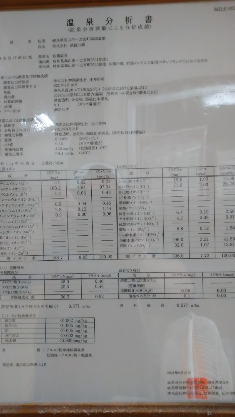 きんのじさんの飛騨高山 自家源泉の湯 臥龍の郷のサ活写真